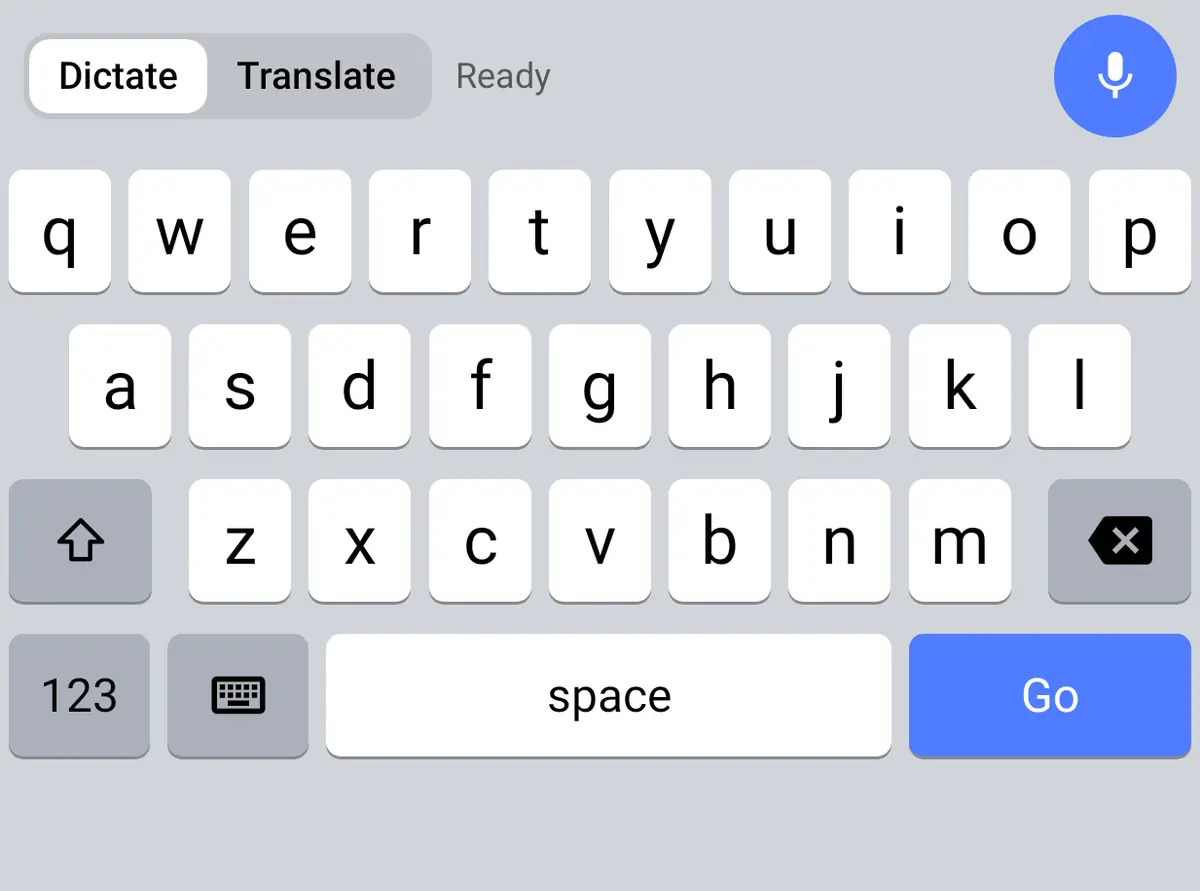 The Wurd keyboard on Android: Dictate and Translate switch, “→ English”, the mic button, and a full QWERTY keyboard.