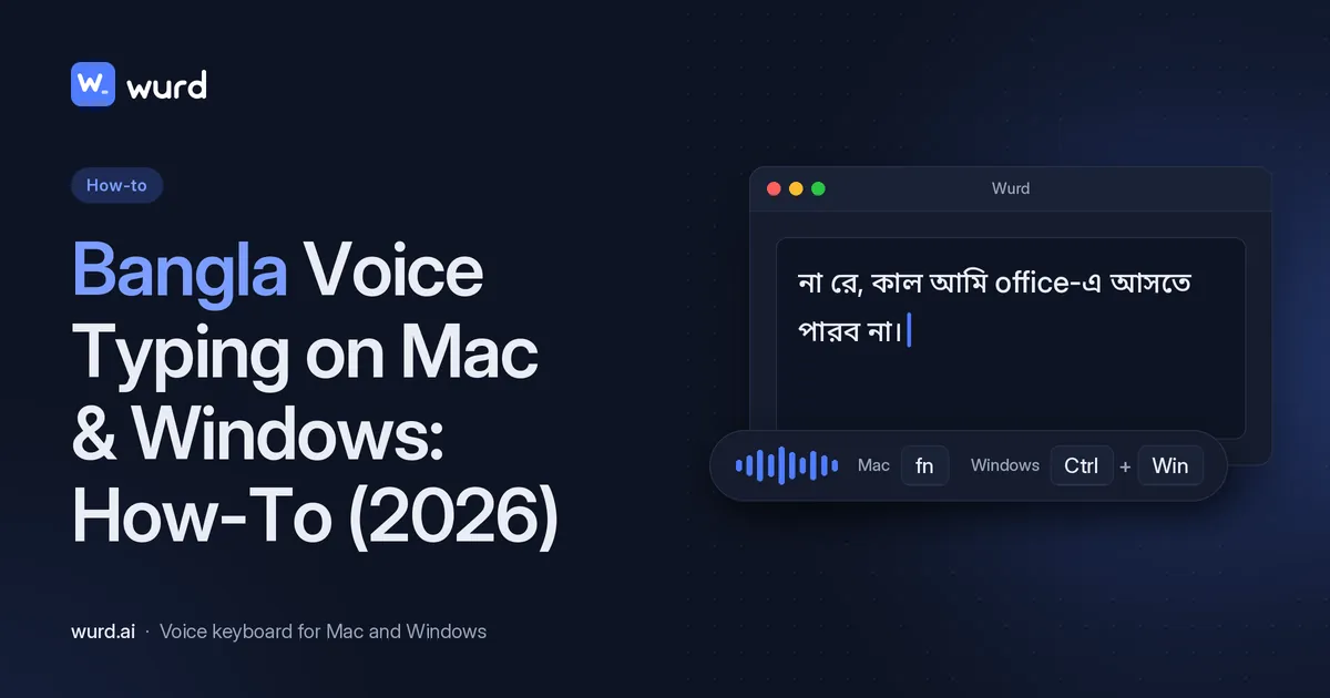 Wurd blog banner: "Bangla Voice Typing on Mac & Windows: How-To (2026)" next to a Mac Wurd window where spoken Bangla appears as text, with an fn key for Mac, a Ctrl + Win key for Windows and a voice waveform.