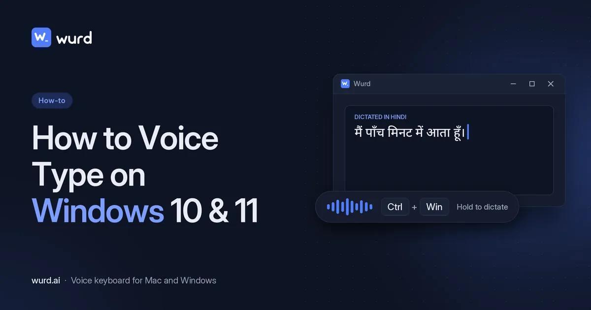 Wurd blog banner: "How to Voice Type on Windows 10 & 11" next to a Windows Wurd window where spoken words appear as text, with a Ctrl + Win key and a voice waveform.