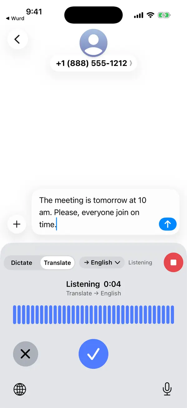 iPhone, the Wurd keyboard while listening: “Listening 0:04, Translate to English”, a waveform, and cancel and done buttons.