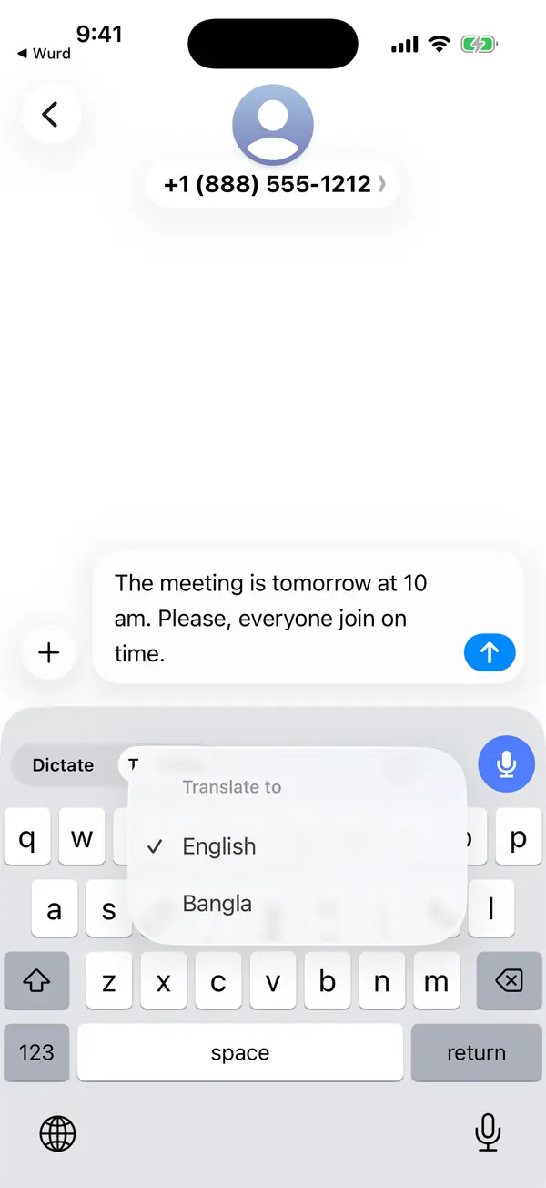 iPhone, the Wurd keyboard with the “Translate to” menu open: English (selected) and Bangla.