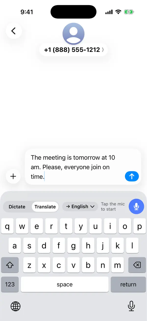 iPhone, Messages: the Wurd keyboard under a message that reads “The meeting is tomorrow at 10 am. Please, everyone join on time.”